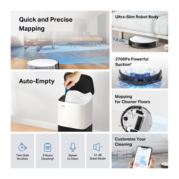 TP-Link Tapo RV20 Mop Plus MagSlim™ LiDAR Navigation Robot Vacuum & Mop+ Smart Auto-Empty Dock - Image 9
